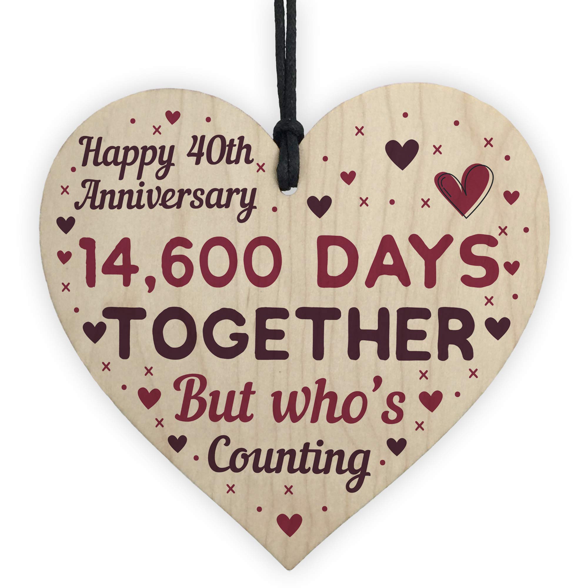 Red Ocean Handmade Wooden Heart Plaque Gift To Celebrate 40th Wedding Anniversary Husband Wife (40 Years)