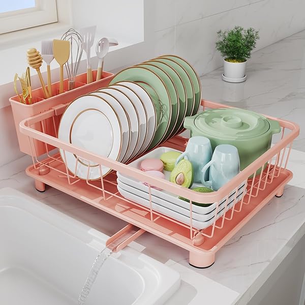 HIVIWEER PINK DISH DRYING RACK – SPACE-SAVING DISH RACK,DISH RACKS FOR KITCHEN COUNTER WITH DRAINBOARD, BIRTHDAY CHRISTMAS DAY MOTHERS DAY THANKSGIVING GIFTS FOR MOM GRANDMA WIFE KITCHEN ENTHUSIASTS