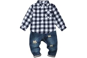 TAGYUM Toddler Baby Boy Clothes Infant Denim Outfits Flannel Plaid Button Shirt Pockets Ripped Jeans Pants 2 PCS Clothing
