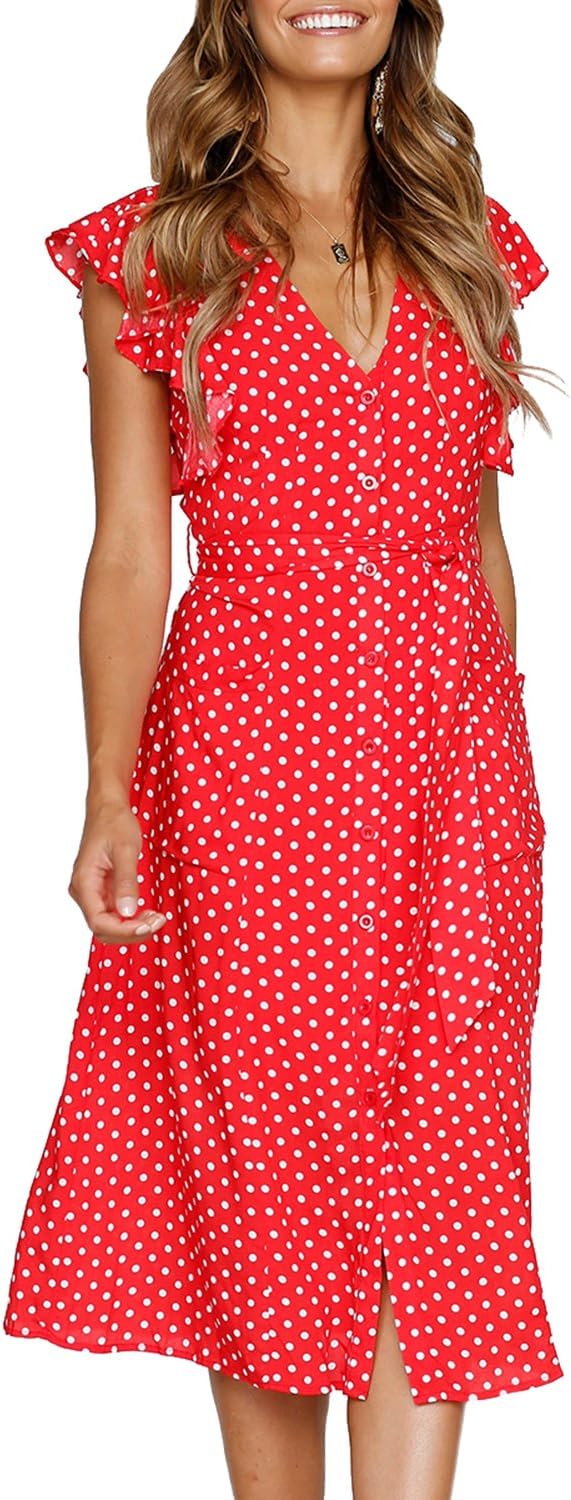 Boho Polka Dot Ruffle Midi Dress