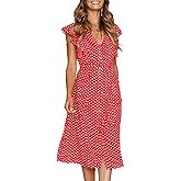 MITILLY Women's Boho Polka Dot Flutter Short Sleeve V Neck Button Down Swing Midi Dress with Pockets