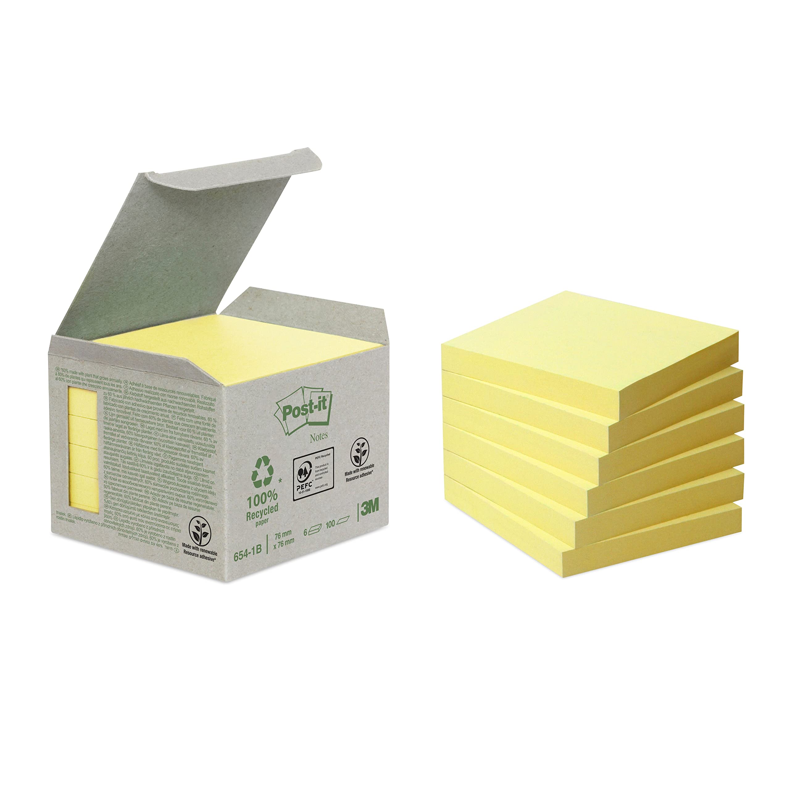 Post-it Recycling Notes Canary Yellow, Pack of 6 Pads, 100 Sheets per Pad, 76 mm x 76 mm, Yellow Color - Self-Stick Notes Made from 100% Recycled Paper