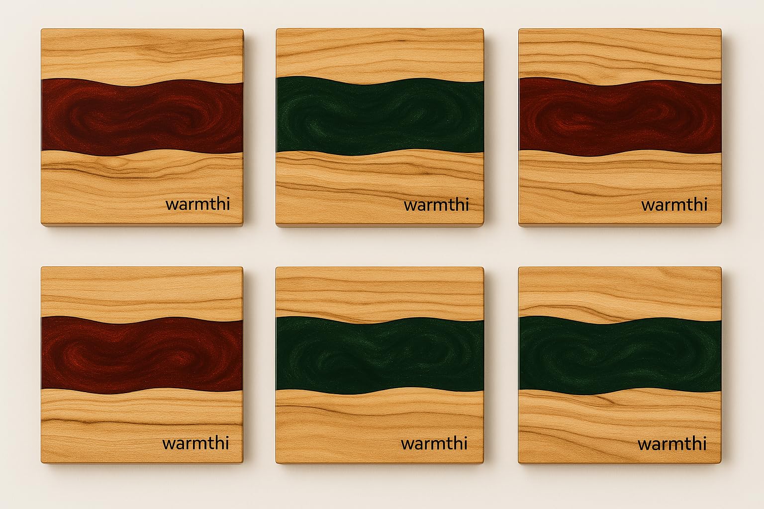 Warmthi Drink Coaster Set of 6, Square Red and Green, Handmade with Olive Wood and Epoxy Resin, A Unique and Stylish Addition to Your Home