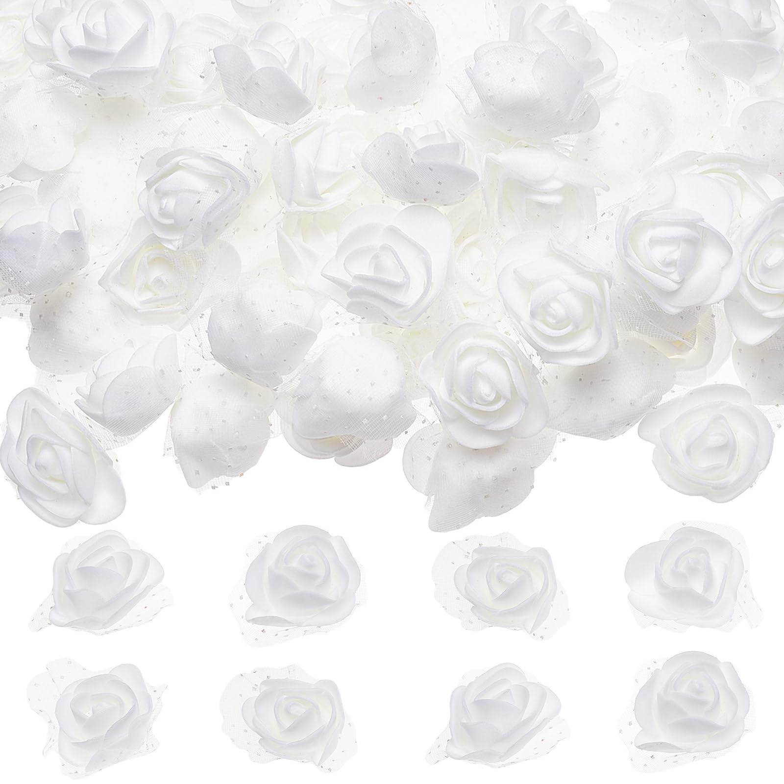 CRASPIRE 100Pcs Foam Rose Heads with Lace Edge White 3D Artificial Flower Head Small for DIY Crafts Accessories Valentine's Day Home Party Wedding Bridal Bouquet Decoration 1.7 x 1.7in