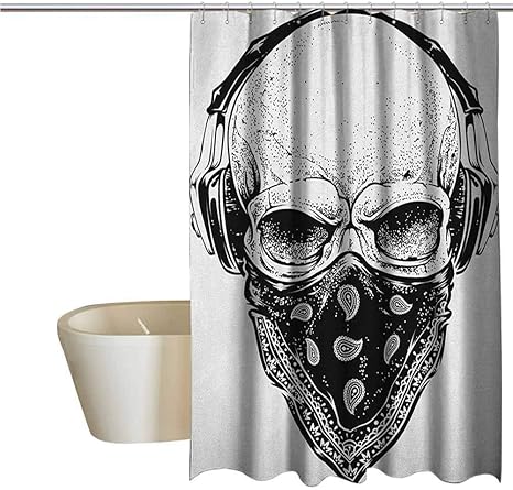 Amazon グランジクールなシャワーカーテンバンダナとヘッドフォンの素朴なゴシックスカルミュージカルデッドマン芸術的なイラストバスルームの装飾耐久性のある淡い灰色黒 165x180 Cm シャワーカーテン ホーム キッチン オンライン通販