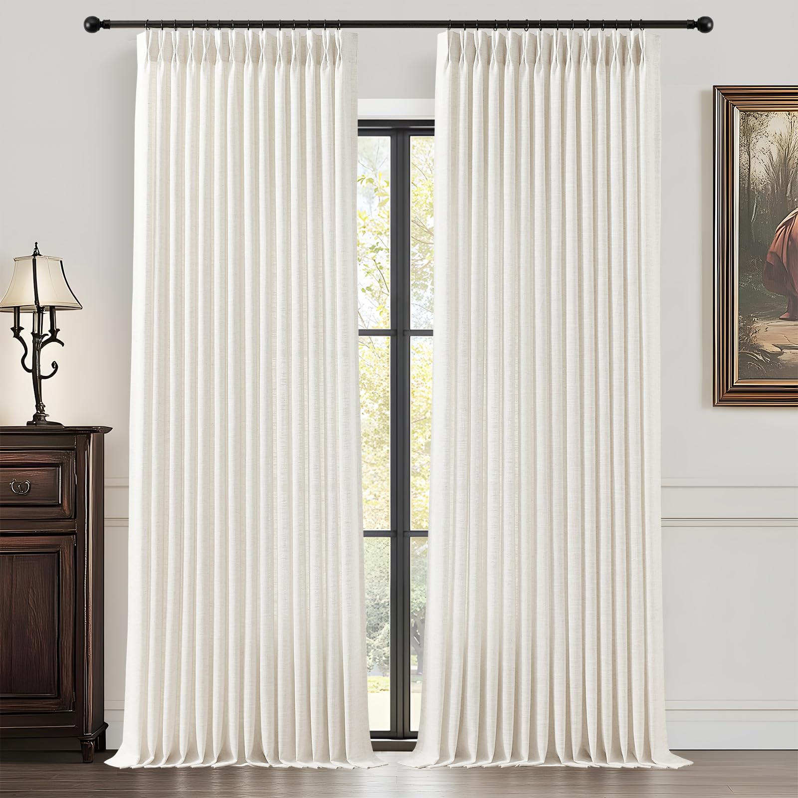 Photo 1 of 102 Inch Long Curtains Pinch Pleated Curtains for Living Room, Floor to Ceiling Light Filtering Pleat Drapes Natural Textured Thick Semi-Sheer Window Curtain with Hooks for Bedroom Farmhouse 2 Panels