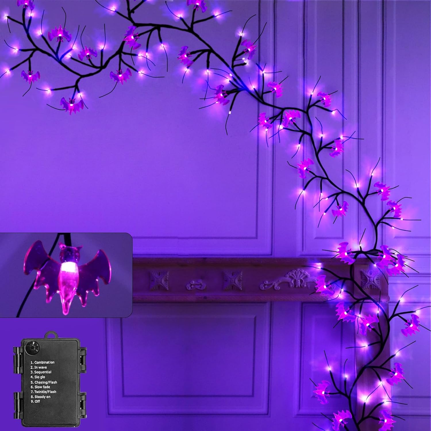 Wreaths, Garlands & Swags - [ 8 Modes & Timer ] Halloween Willow Vine Twig Decor Garland with LED Bats and Purple 6 Ft 54 LED Halloween Lights Waterproof Battery Operated Halloween Scary Decorations Home Indoor Wall Fireplace