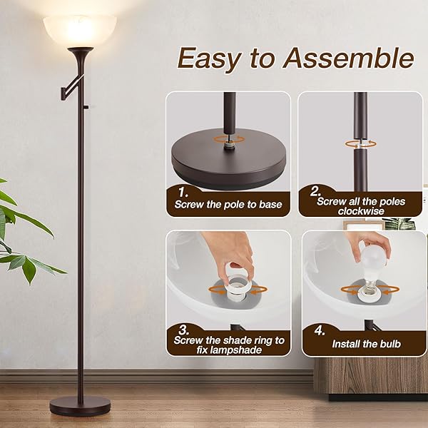 EJIAXIN FLOOR LAMPS FOR LIVING ROOM BRONZE, 71″ TALL STANDING LAMP WITH GLASS SHADE, VINTAGE FLOOR LAMP WITH 350°ADJUSTABLE SWING ARM LAMP, POLE LAMP FOR BEDROOM, LIVING ROOM, OFFICE, BULBS INCLUDED