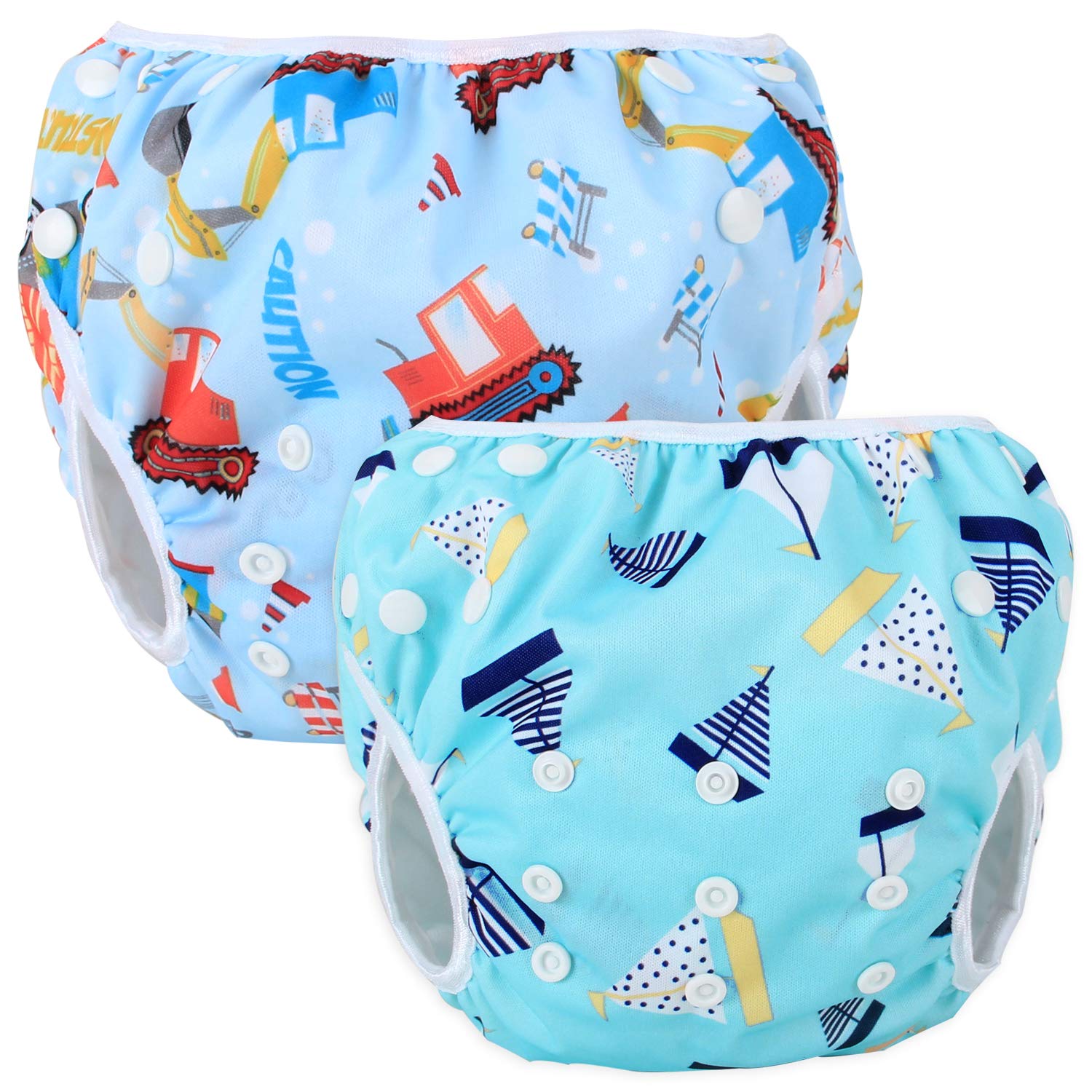 Teamoy Reusable Swim Nappy(2 Packs) for Baby Boys& Girls, Comfortable, Washable and Adjustable, Ideal for Swimming Lessons/Holiday, Tool Car + Blue Sailboat
