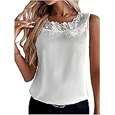 SweatyRocks Women's Satin Contrast Lace Crew Neck Sleeveless Blouse Appliques Summer Tank Tops