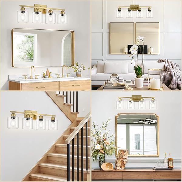 FAISHILAN MODERN BRUSHED GOLD 4 LIGHT BATHROOM LIGHT FIXTURES, 24 INCH VANITY LIGHTS FOR BATHROOM WITH CLEAR GLASS, BATHROOM VANITY LIGHT FOR MIRROR KITCHEN LIVING ROOM HALLWAY CABINET PORCH