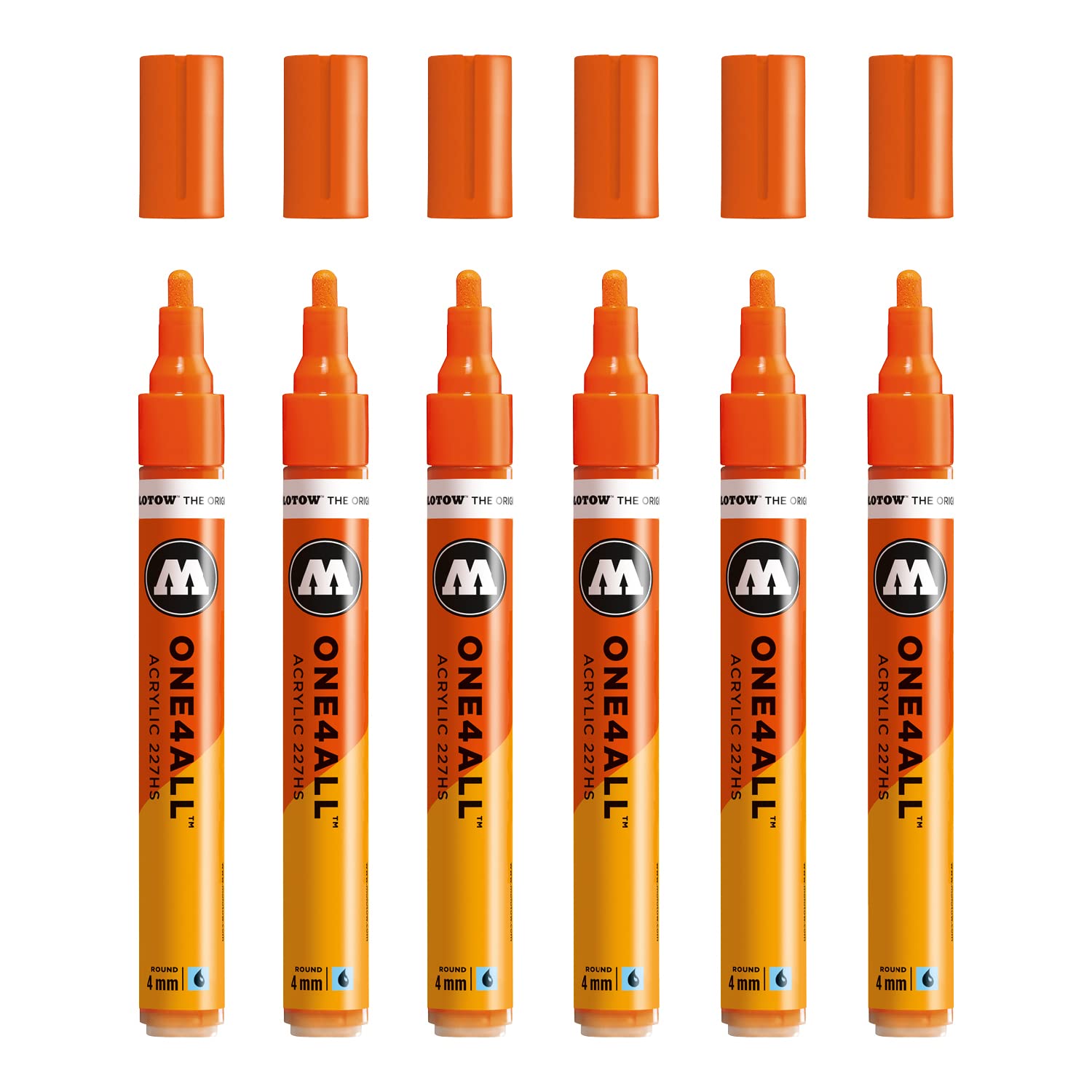 Molotow One4All 227HS Acrylic Marker (4.0 mm Line Width, High Coverage and Permanent, UV-Resistant, for Almost All Surfaces) Pack of 6 Colour 085 Dare Orange