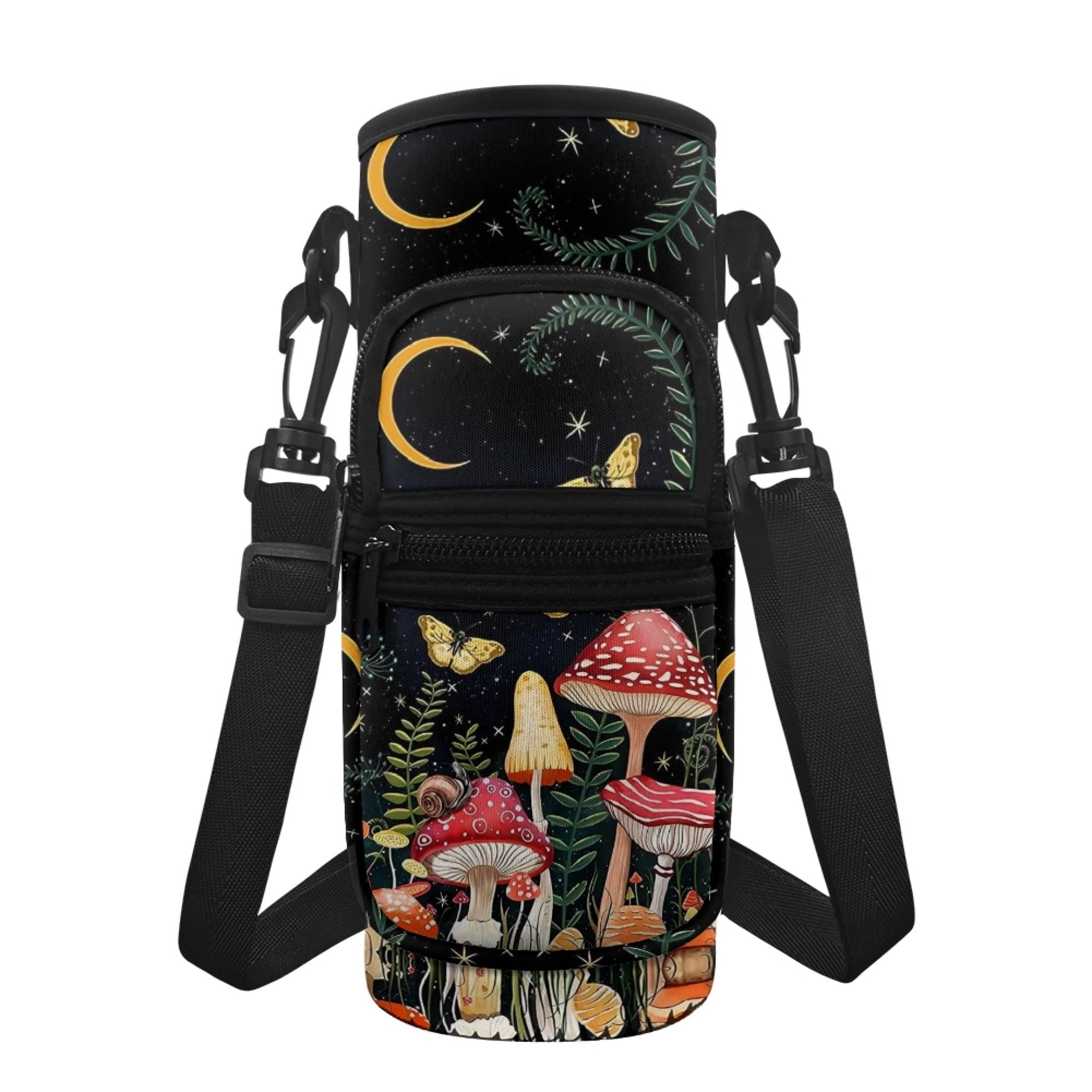chaqlin Mushroom Butterfly Water Bottle Carrier Bags with Adjustable Shoulder Strap Insulated Crossbody Water Bottle Holder Sports Water Bottle Case Sleeve Pouch for Hiking Walking Camping
