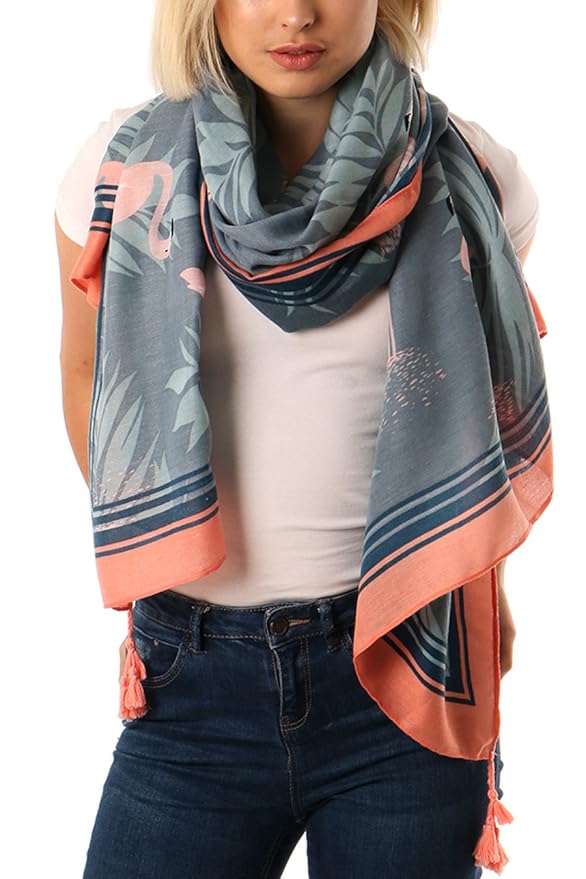 Style Slice Damen Schal Frühling Sommer mit Tropischen Blättern und Flamingos, Blau, Rosa, Tuch ...