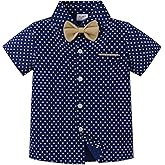 YALLET Boys Button Down Shirts Short Sleeve Wedding Outfits Polka Dot Print Summer Casual Clothes with Bow Tie 5-10T