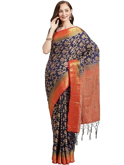 Womens Silk Blend Woven Zari with swarovski work Saree[Navy Blue & Red]