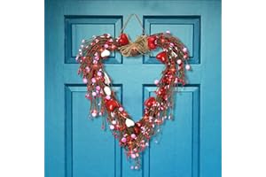 REMON Valentine Heart Wreath Front Door Decoration, 15In Artificial Valentine Wreaths Red Pink White Heart Berries with 20 Red LED Lights Timer for Home Wedding Anniversaries Decor Gifts for Mom Grandma