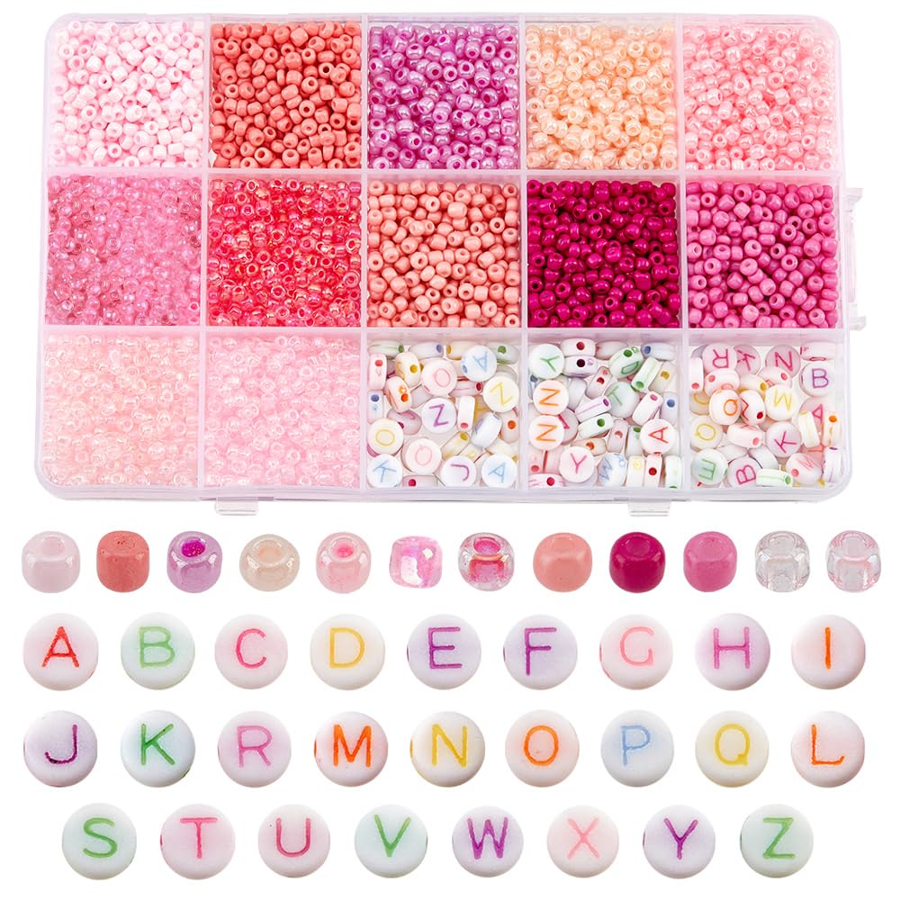 PH PandaHall 3763pcs Pink Seed Beads Mother's Day Beads Letter Bead 3mm Mini Waist Bead for Jewellery Making Earrings Bracelet Necklace DIY Craft