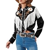 JOHN MOON Women's Floral Embroidered Fringe Western Shirts Rodeo Cowgirl Button Down Blouse Tops Country Style Outfits