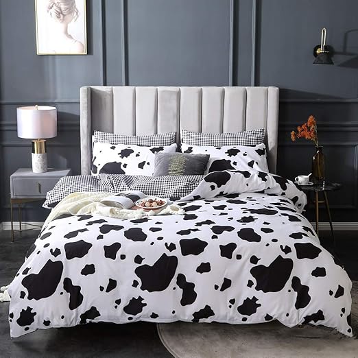 Kid Cartoon Bedding Set Cow Print Duvet Cover Black White