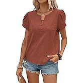 Falechay Womens Summer Tops Short Sleeve Shirts for Women Blouses Dressy Casual Cute Summer Tops 2025 Trendy V Neck T Shirts Orange Petal Sleeve Tunic Blouse Spring Cotton Vacation Fall Tulip Beach M