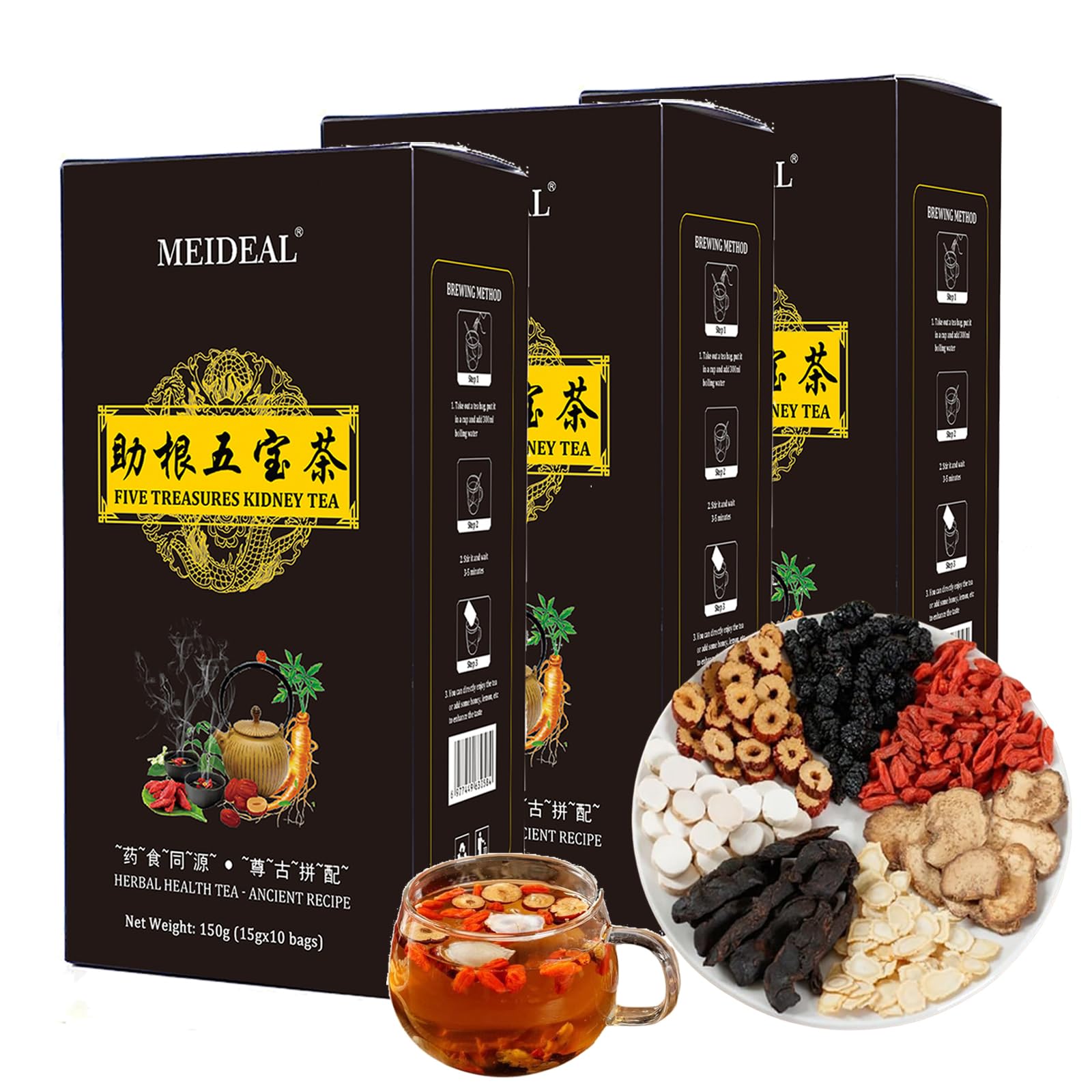 Ginseng Five Treasures Tea Kidney Tea, Ginseng Six Treasure Traditional KidneyTea for Men and Women, 7 Precious Ingredients Formula, Chinese Herbal for Kidney (3 Boxes-30 bags)