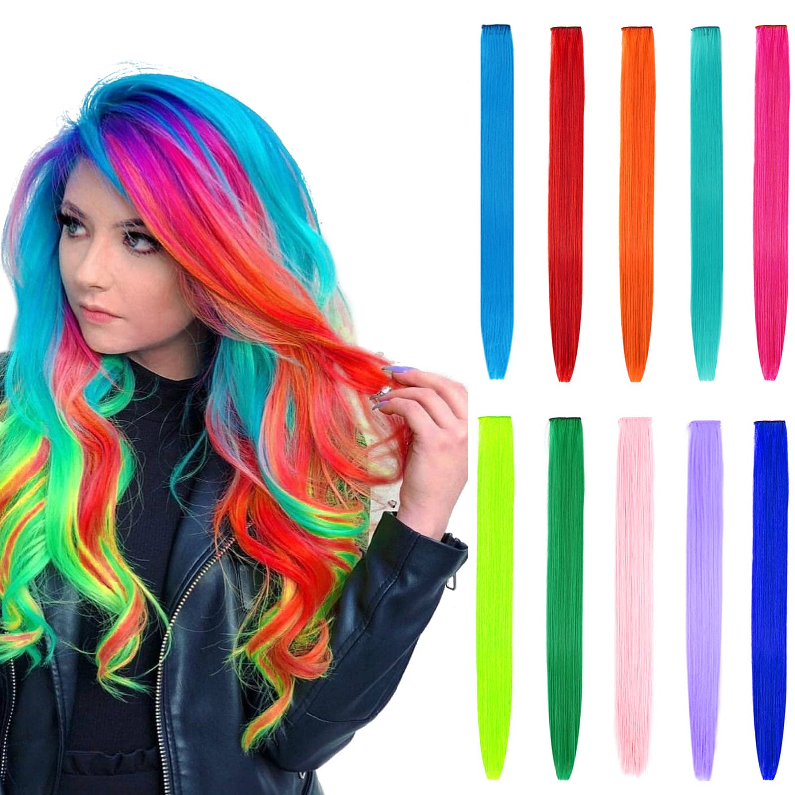 BEAUTY ON LINE 10 Pcs Clip in Hair Extensions, 22 Inch Colored Hair Extensions Party Highlights Long Straight Synthetic Hairpieces for Women/Kids/Girls(Multi Color)
