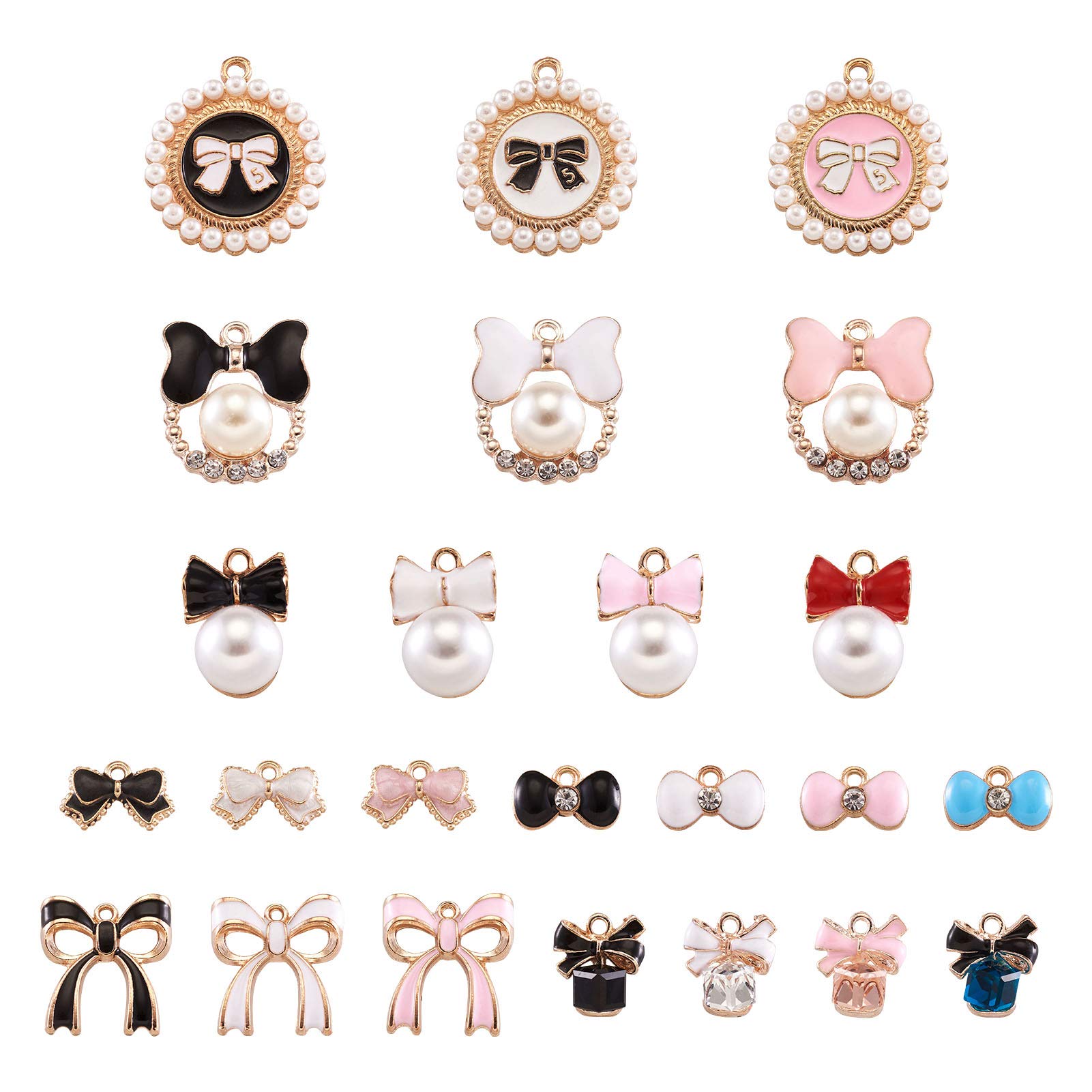 Craftdady 48pcs Bowknot Enamel Bracelet Charms Beads with Pearl & Rhinestone Golden Plated Metal Dangle Pendant for Women Girls DIY Jewelry Crafting Making