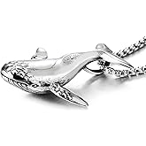 COOLSTEELANDBEYOND Mens Womens Stainless Steel Vintage Whale Pendant Necklace with 30 inch Wheat Chain, Unique