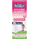 Children's Benadryl Liquid Medicine, 12.5 mg Diphenhydramine HCl, 4 fl. oz | Dye-Free, Antihistamine Allergy Relief Medicine For Kids, Helps Relieve Runny Nose &amp; Sneezing, Bubble Gum Flavor