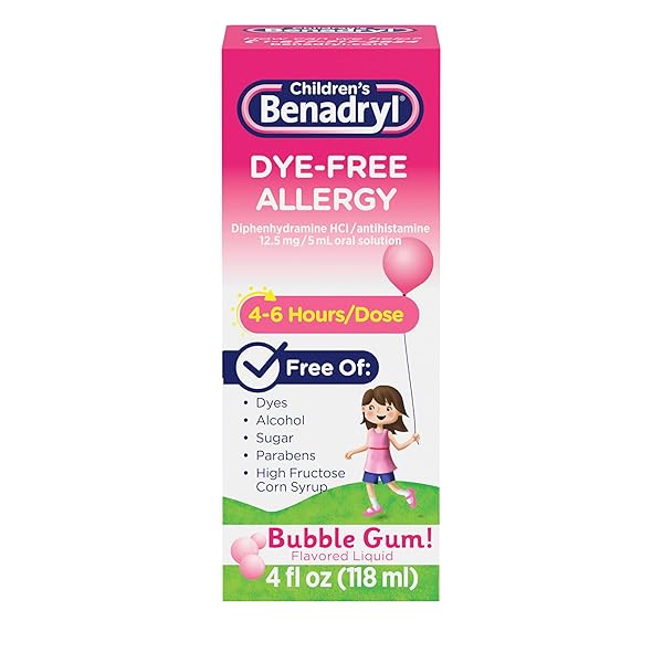 CHILDREN’S BENADRYL DYE-FREE ALLERGY RELIEF LIQUID + 12.5 MG DIPHENHYDRAMINE HCL, ANTIHISTAMINE ALLERGY MEDICINE FOR KIDS HELPS RELIEVE RUNNY NOSE & SNEEZING, BUBBLE GUM FLAVOR, 4 FL. OZ
