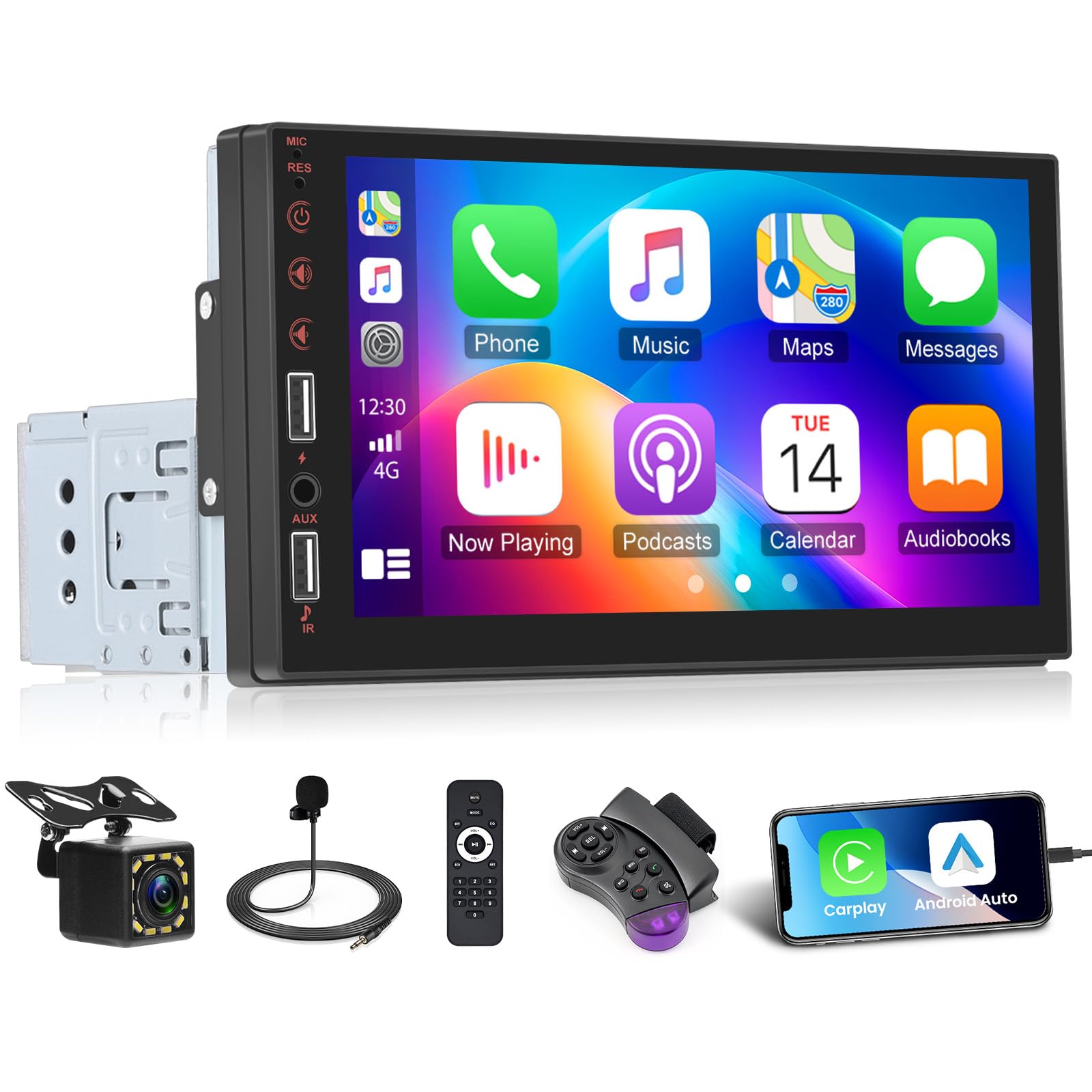 7 Inch Single Din Car Stereo Wireless CarPlay Android Auto, Single Din Touch Screen Radio Bluetooth Mirror Link FM Radio 1Din Dual USB AUX Steering Wheel Control & Backup Camera