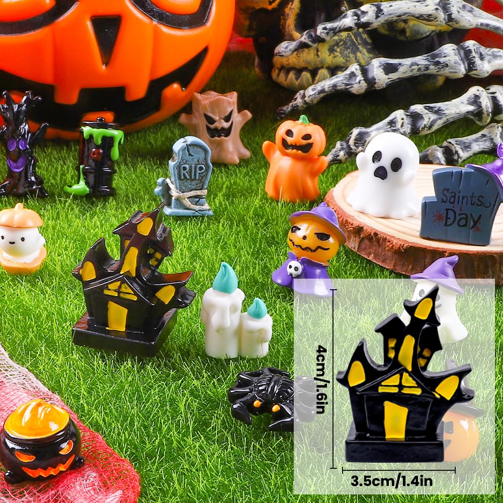 32pcs Halloween Mini Resin Figures 32 Styles Tiny Resin Animals Little Small Figures to Hide Pumpkin Ghost Skull Miniatures Bulk for Halloween Party Favors Bag Fillers Garden Dollhouse Decor