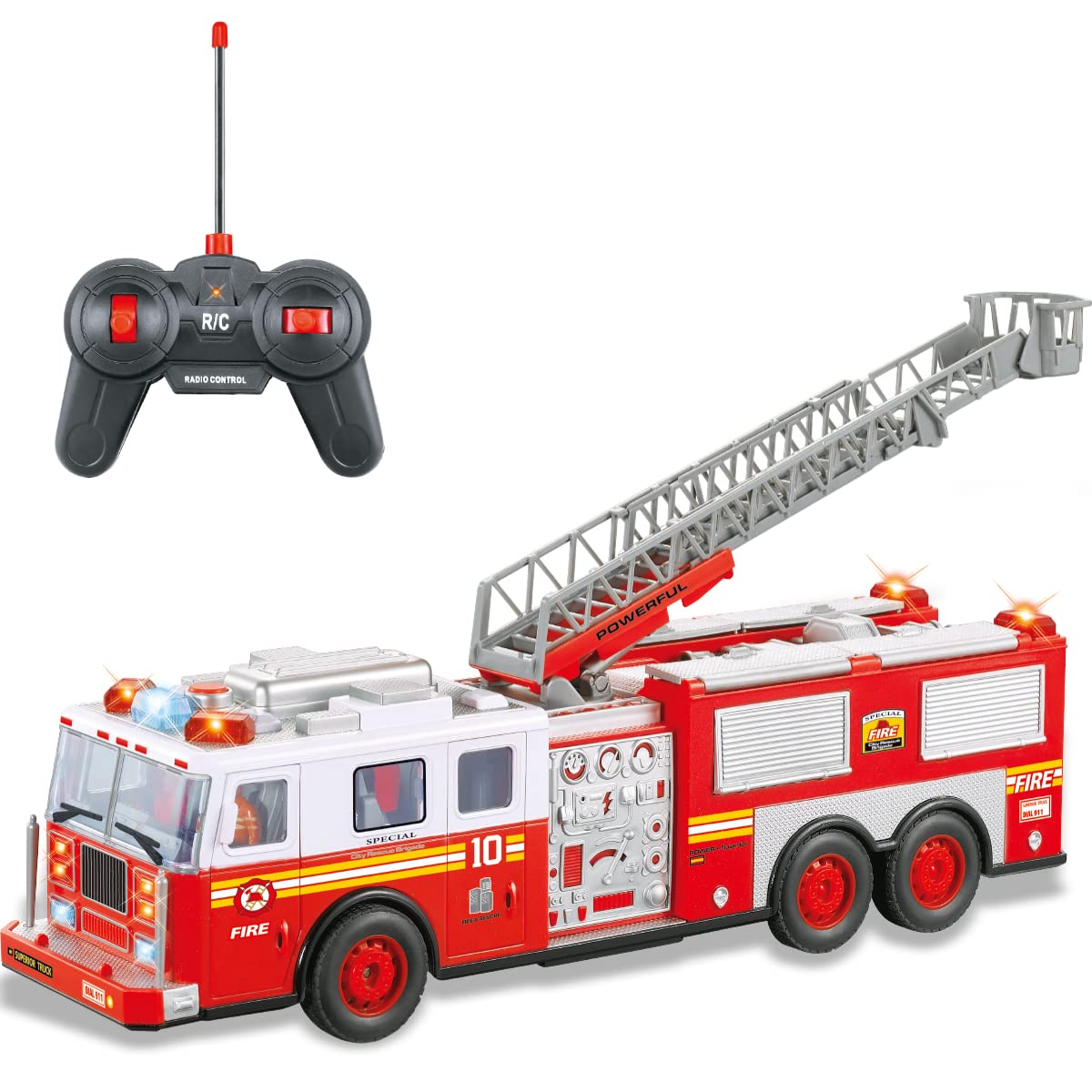 Photo 1 of Liberty Imports RC Fire Truck - Big Remote Control Toy Fire Truck - 14" Rescue Fire Engine with Flashing Lights and Siren Sounds, Extendable Rescue Ladder for Kids