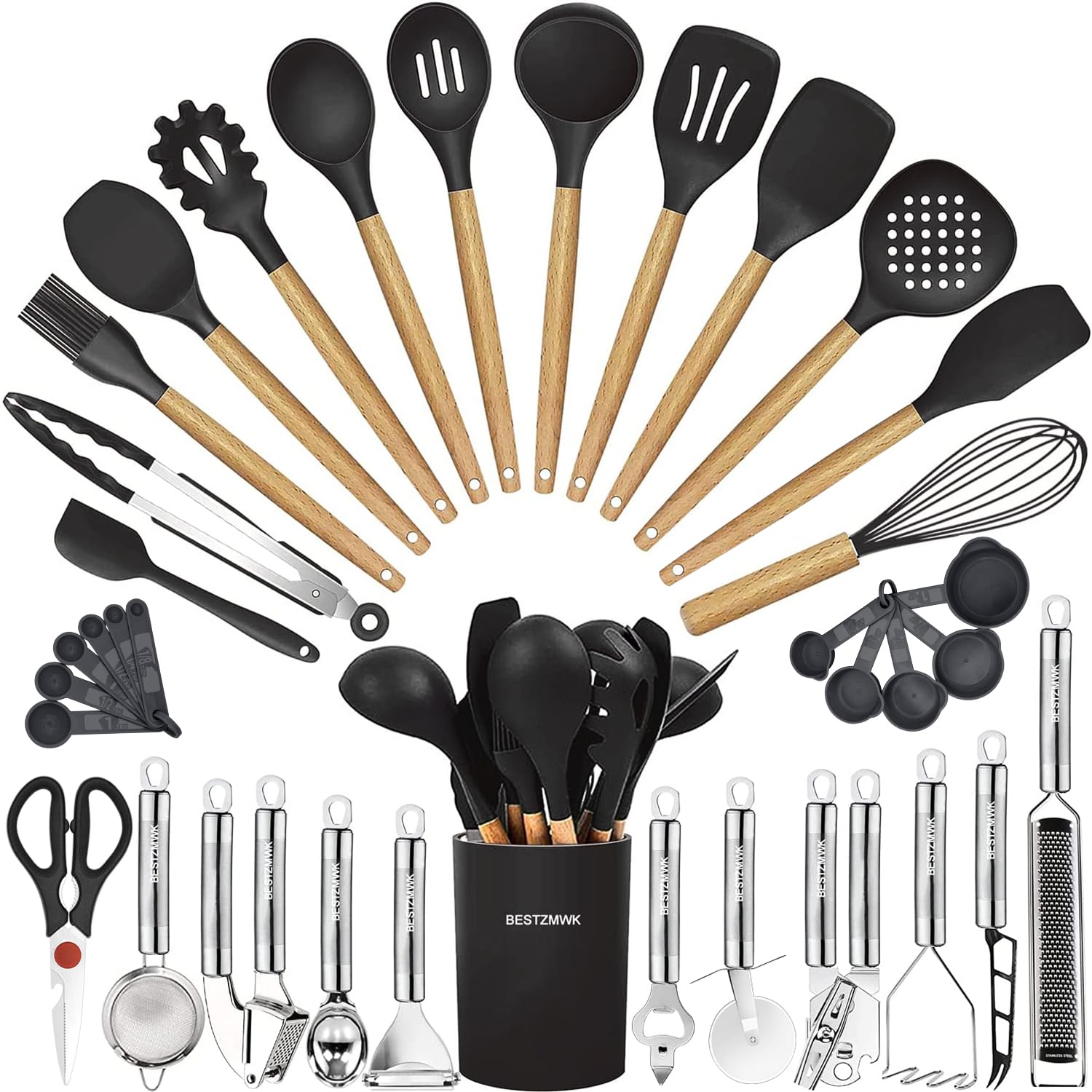 Photo 1 of Cooking Utensils Set- 35 PCs Kitchen Utensils with Grater,Tongs, Spoon Spatula &Turner Made of Heat Resistant Food Grade Silicone and Wooden Handles Kitchen Gadgets Tools Set for Nonstick Cookware