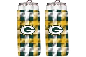 KOLDER Football 12oz 2-Pack Slim Skinny Can Holder Insulator Beverage Huggie Cooler Coozies (Green Bay Plaid (Packers))