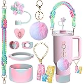 Mity rain 9PCS Cup Accessories for Stanley Cup 30oz 40oz 20oz tumbler with handle - Includes Colorful Water Bottle Handle Strap,Straw Topper,Spill-Proof Stopper,initials Charms,Boot,Pom-Pom Decorate