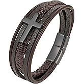 Deerllia Cross Leather Bracelet for Men, Multi-Layer Braided Mens Religious Cuff Bracelets with Stainless Steel Clasp Anniversary Father's Day Birthday Christmas Jewelry Gifts for Him