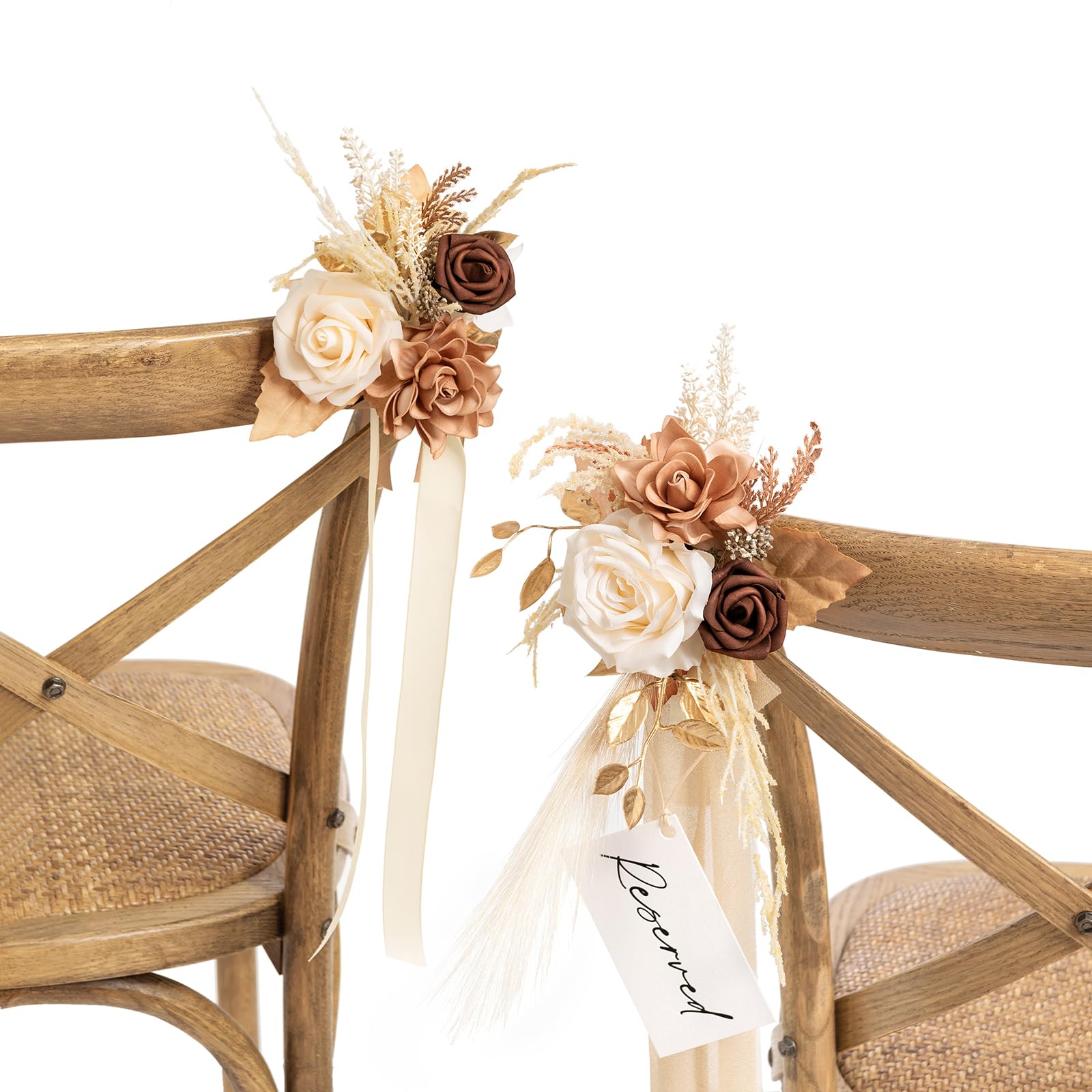 Photo 1 of Ling's moment 8pcs Wedding Aisle Chair Decorations Artificial Pew Flowers Markers Arrangements with Cards Chiffon Ribbons Rust & Sepia Ceremony Chair Back Floral Decor Reception Church Party Outdoor