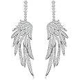 S925 Sterling Silver Post Dangle Drop Angel Wings Earrings for Women Gold Blue Cubic Zirconia Crystal Guardian Angle Dangling Earrings for Wife Mom Her