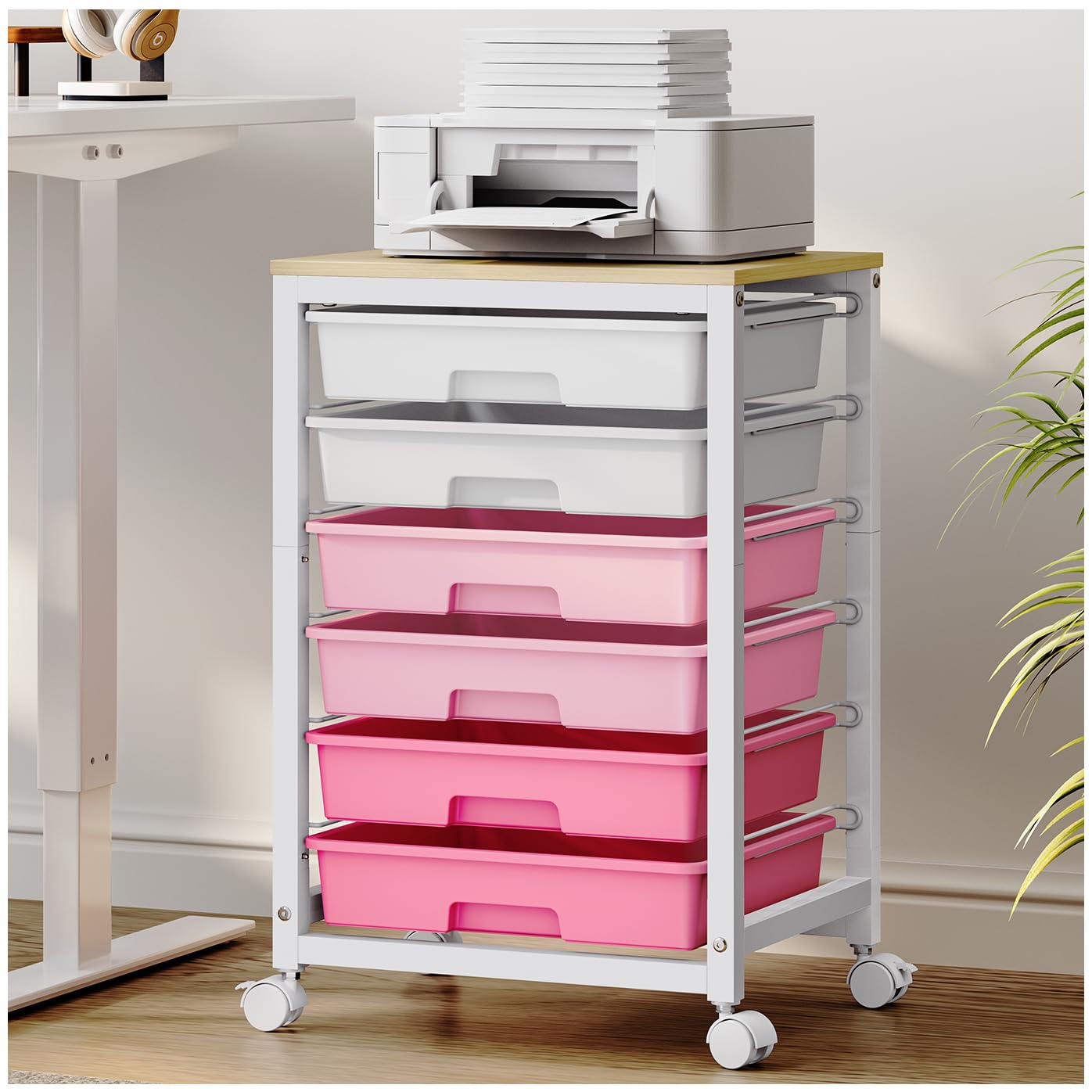 Photo 1 of SYKIARIOL Utility Cart With 6 Drawers and Wooden Tabletop, Storage Cart on Wheels for Office, Classroom, Bathroom, Bedroom - Pink
