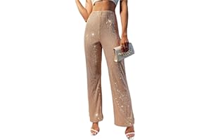 YHYJMY Womens High Waist Wide Leg Sparkle Sequin Bling Glitter Elastic Loose Flare Bell Bottom Shiny Pants