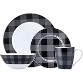Safdie &amp; Co. Buffalo Plaid Grey, Black 16 Piece Dinnerware Set, Service for 4, Fiesta Dinnerware, home trends and home food network essentials, Porcelain dinner plates, 16" L x 12" W x 15" H
