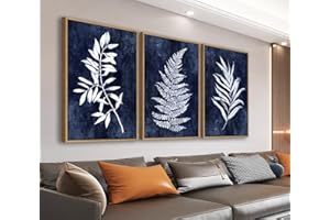 LINGLINGDOG Large Framed Canvas Wall Art - Natural Float Framed Rustic White Leaf Pictures Wall Art Prints for Living Room Decor Indigo Plant Artwork Decorations for Bedroom Kitchen Home Office 72" X 36" Set of 3