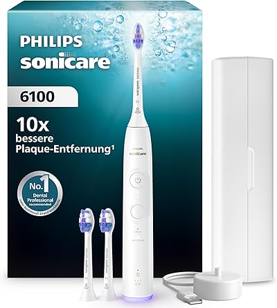 Philips Sonicare 6100 elektrische Zahnbürste, Schallzahnbürste mit 2 Putzmodi, 3 Intensitätsstufen, Andruckkontrolle, EasyStart, SmarTimer, Reiseetui, Weiß, Modell HX7400/02 [Neue Technologie]