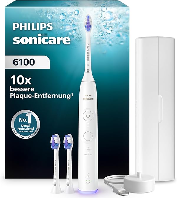 Philips Sonicare 6100 elektrische Zahnbürste, Schallzahnbürste mit 2 Putzmodi, 3 Intensitätsstufen, Andruckkontrolle, EasyStart, SmarTimer, Reiseetui, Weiß, Modell HX7400/02 [Neue Technologie]