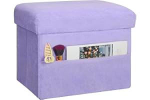 FaiPue Small Ottoman with Storage, Folding Soft Fur Storage Foot Rest Stool with Thicker Furry Padded Seat. Ottoman Bench for Bedroom Living Room, Holds Up to 300 lbs, 17x13x13IN (Purple)