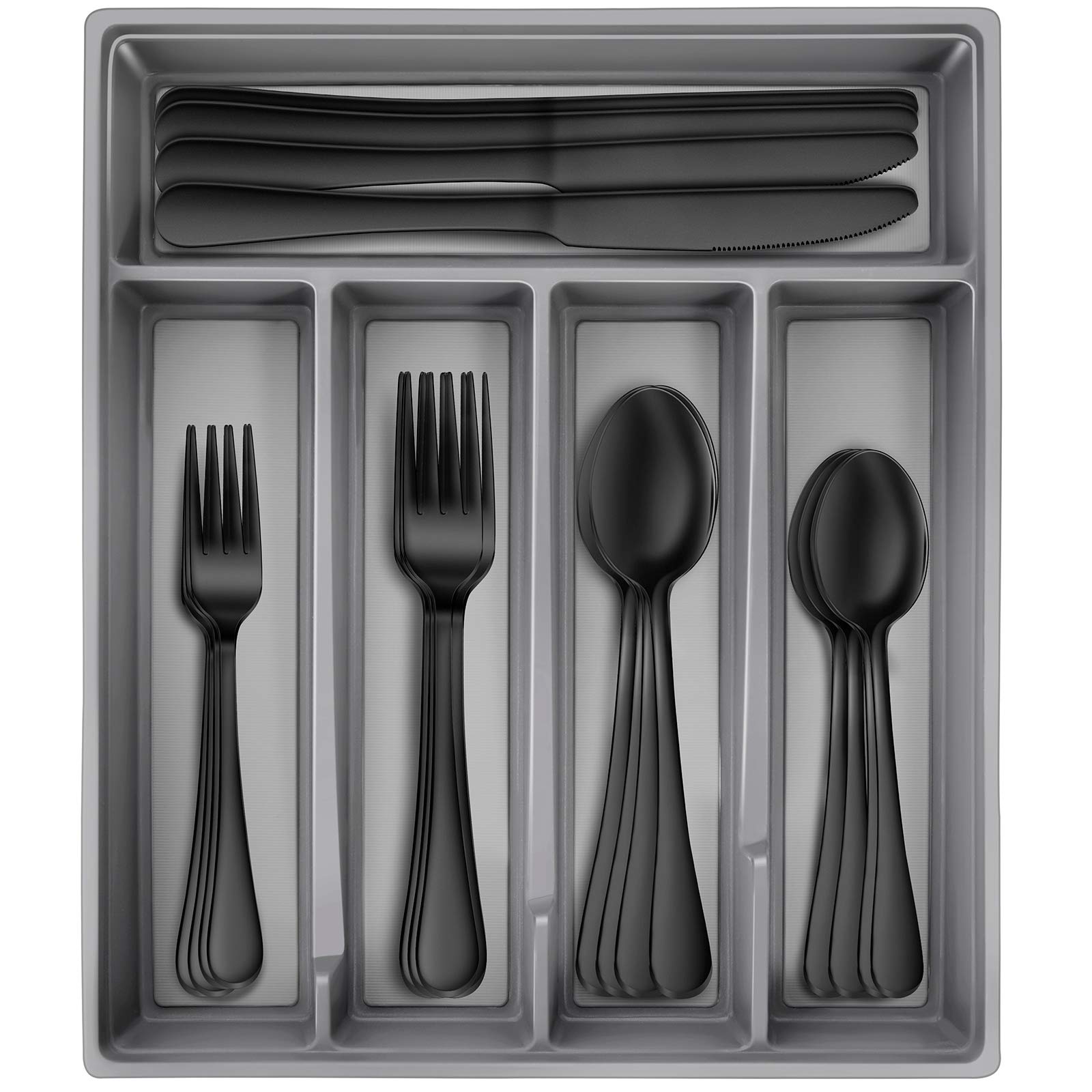 Hiware Black Silverware Set with Tray, 20-Piece Stainless Steel Flatware Cutlery Set Service for 4, Mirror Finish, Dishwasher Safe