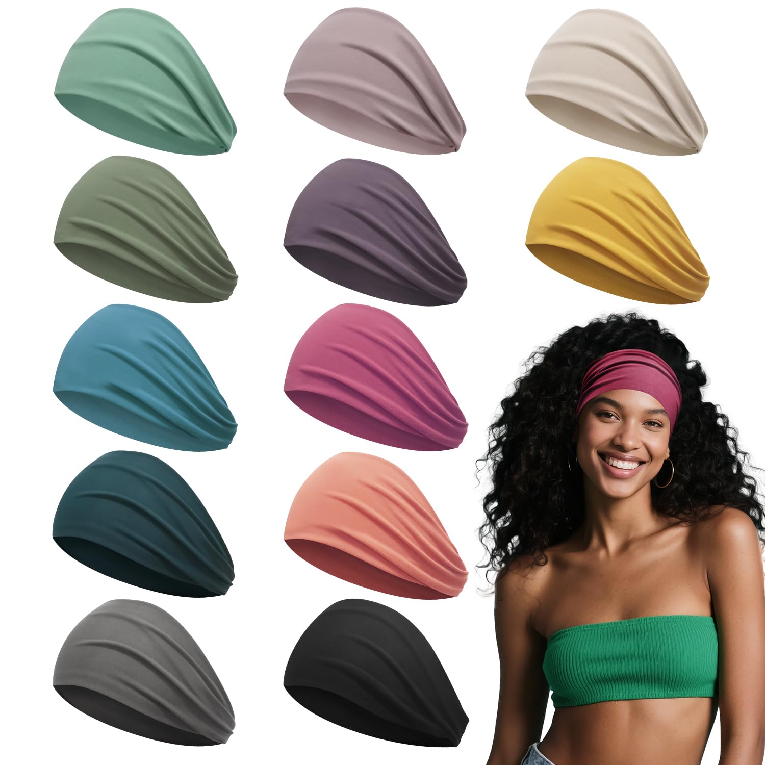 Photo 1 of Z-CHARMMY Head Bands for Women's Hair, Wide Headbands for Women Non-slip, Fabric Nurse Headbands for Women, Elastic Workout Hair Bands, 12 Solid Colors
