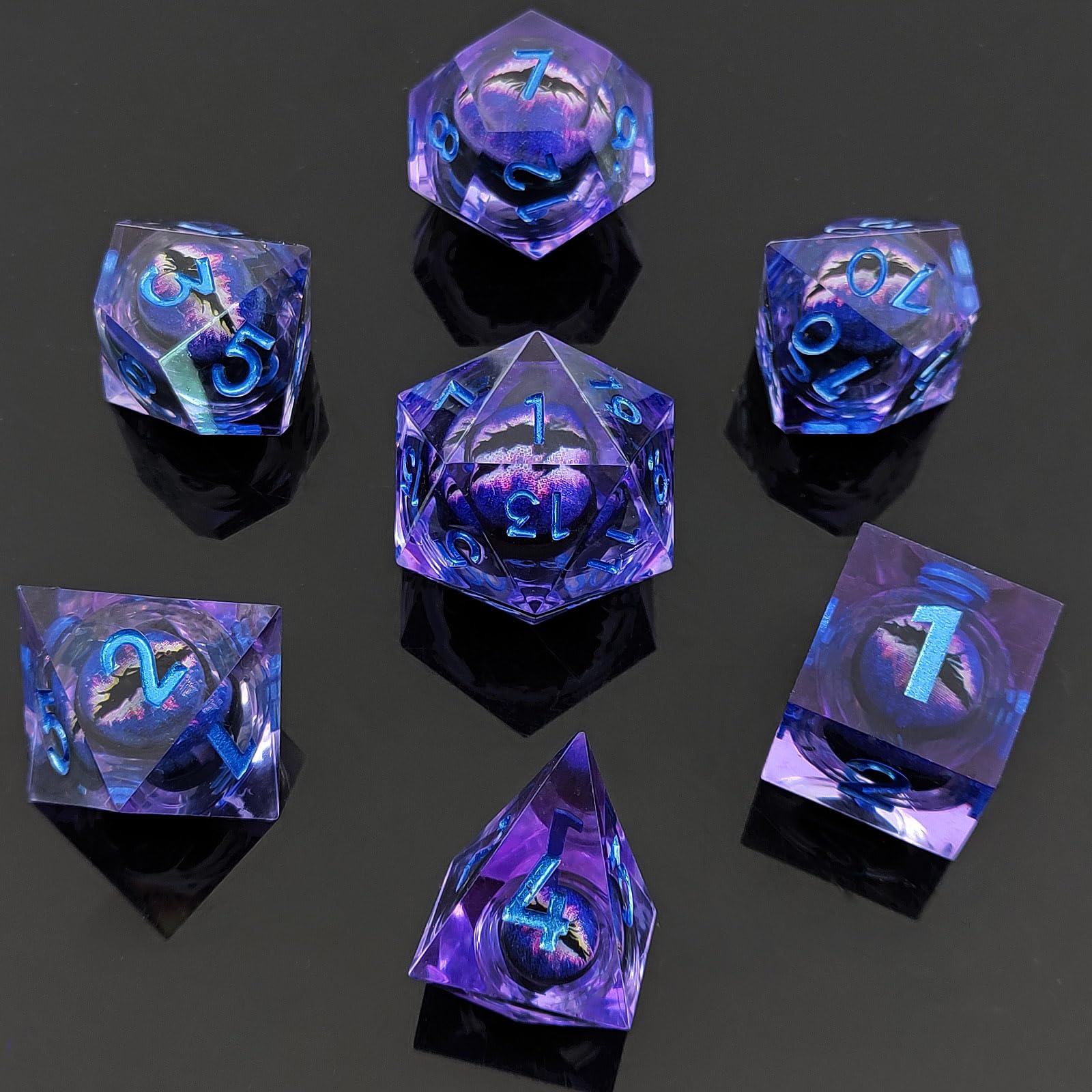 ORUZA 7 PCS Dragon Eye DND Dice Liquid Core D&D Dice Resin Sharp Edge Polyhedral D&D Dice Set for Dungeons and Dragons Role Playing Die D20 D12 D10 D8 D6 D4 D%